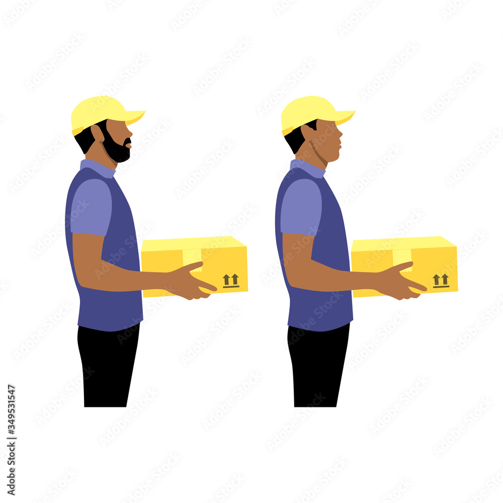 Vector illustration set of two black or latin couriers with package.  Delivering the parcel or box concept. Online shopping order. Young boy and adult with beard  worker