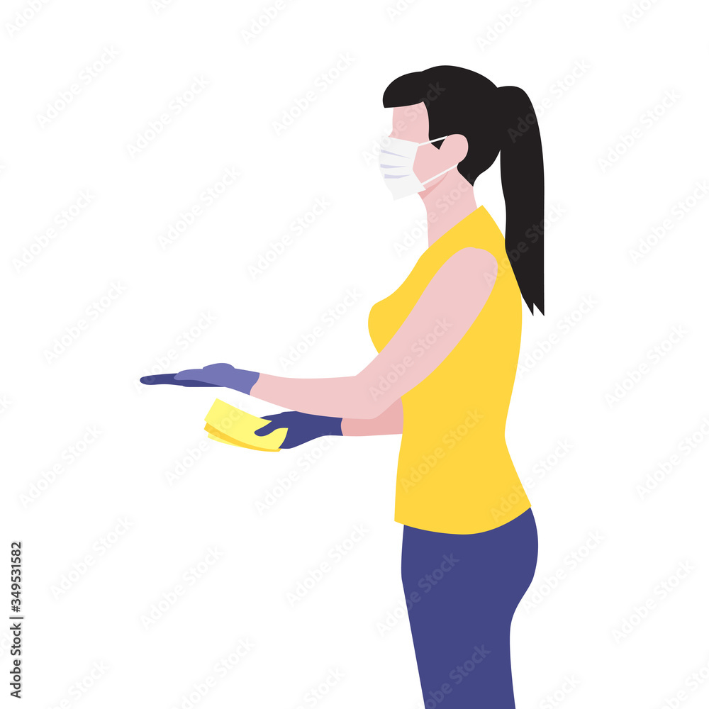 Vector illustration of beautiful white woman in medical protective mask hold out hand with money and receive the delivery package. Quarantine delivery servise. Woman customer, online shopping Vector illustration of beautiful white woman in medical protective mask hold out hand with money and receive the delivery package. Quarantine delivery servise. Woman customer, online shopping