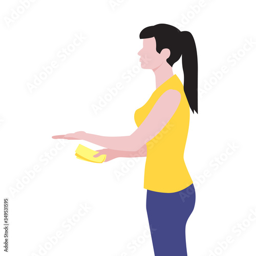 Vector illustration of beautiful white woman hold out hand with money and receive the delivery package. Delivery servise. Woman customer, online shopping