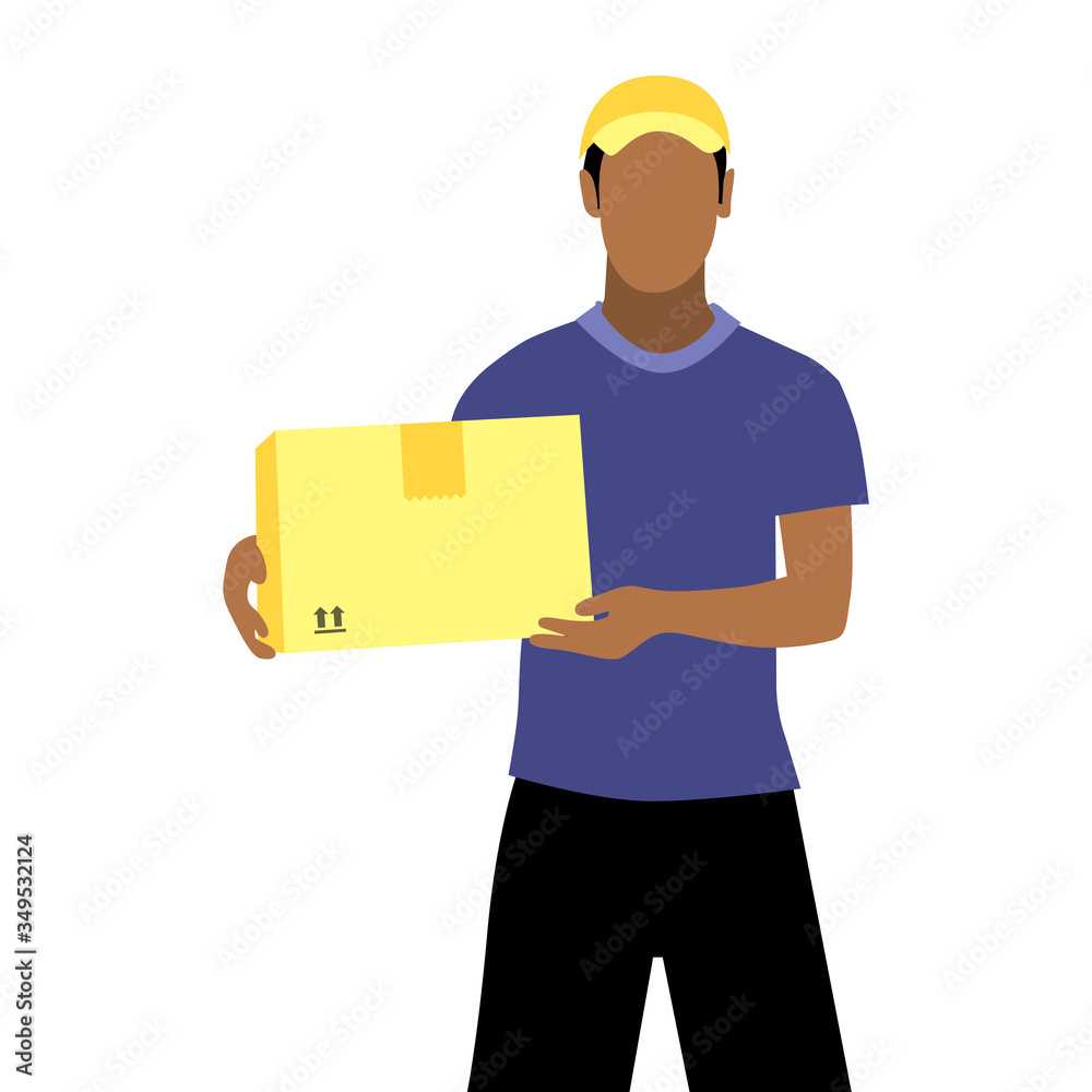 Vector illustration of black man with documents is delivering the parcel or box. Safe contactless delivery to the door by courier concept. Online shopping order Vector illustration of black man with documents is delivering the parcel or box. Safe contactless delivery to the door by courier concept. Online shopping order