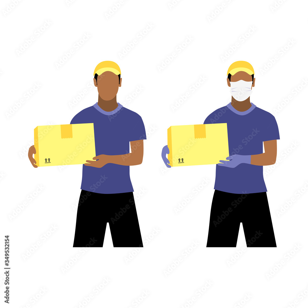 Vector illustration set of black or latin men with and without protective medical mask and gloves is delivering the box. Safe contactless delivery to the door by courier concept. Online shopping order