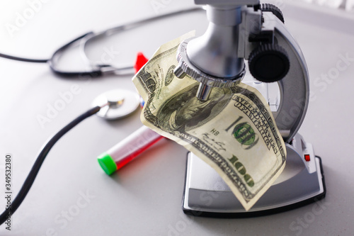 Microscope examining dollar strength on a white background