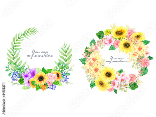 Watercolor illustration sunflower rose wildflower blossom Botanical leaves collection Set of wild and garden wreath bouquet arrangements hand painted on white backdro