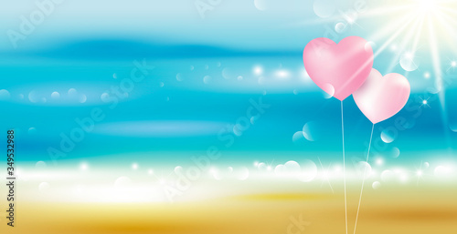 Summer background design of heart balloons on the beach with bokeh light vector illustration