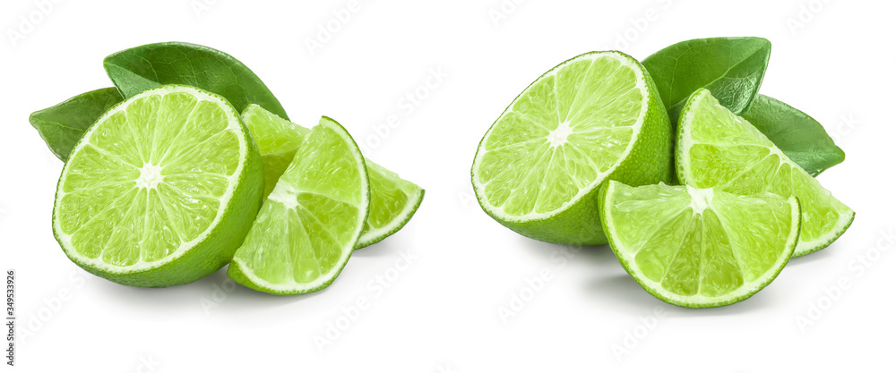 lime with half and leaf isolated on white background. Set or collection