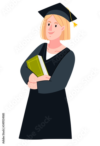 Cute girl student with books. Blond girl in modern clothes.Graduation Celebrates Graduation College School Degree Successful Concept.Flat cartoon vector illustration.