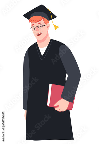 Red-haired student guy holds books.Graduation Celebrates Graduation College School Degree Successful Concept.Flat cartoon vector illustration.