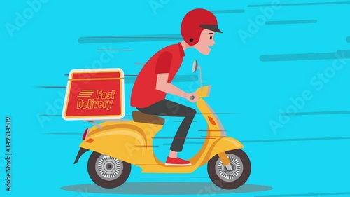 Delivery service footage. Cartoon young man riding a Scooter Motorcycle with delivery box on it. Animation Alpha