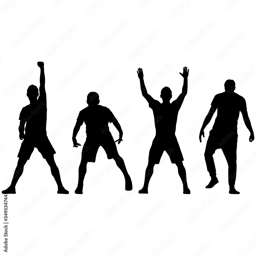 Black set silhouettes man with arm raised on a white background