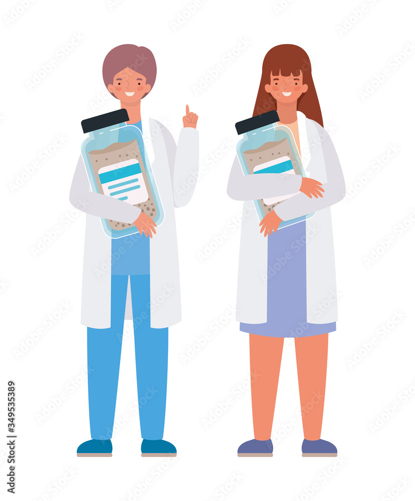 Woman and man doctor with uniforms and medicine jar vector design Woman and man doctor with uniforms and medicine jar vector design