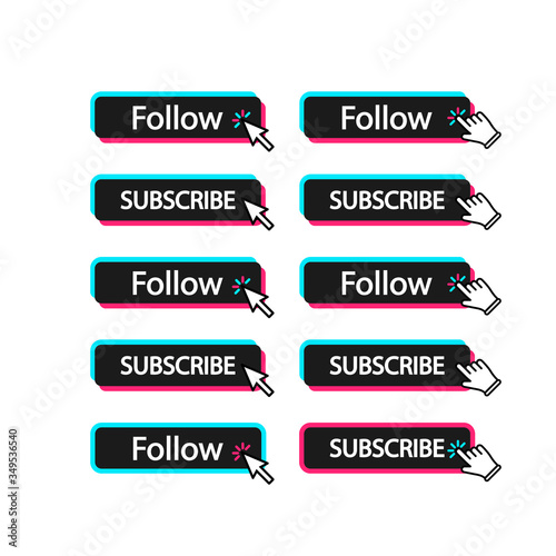 Follow, subscribe button with cursor, mouse pointer. Button template for popular social networks. EPS 10 vector.