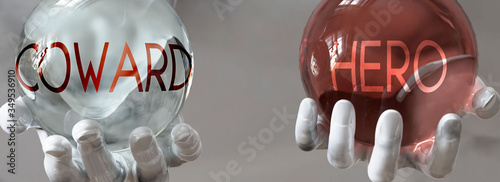 hero and coward in a balanced life - pictured as words hero,coward in hands to show that coward and hero should stay in balance, 3d illustration