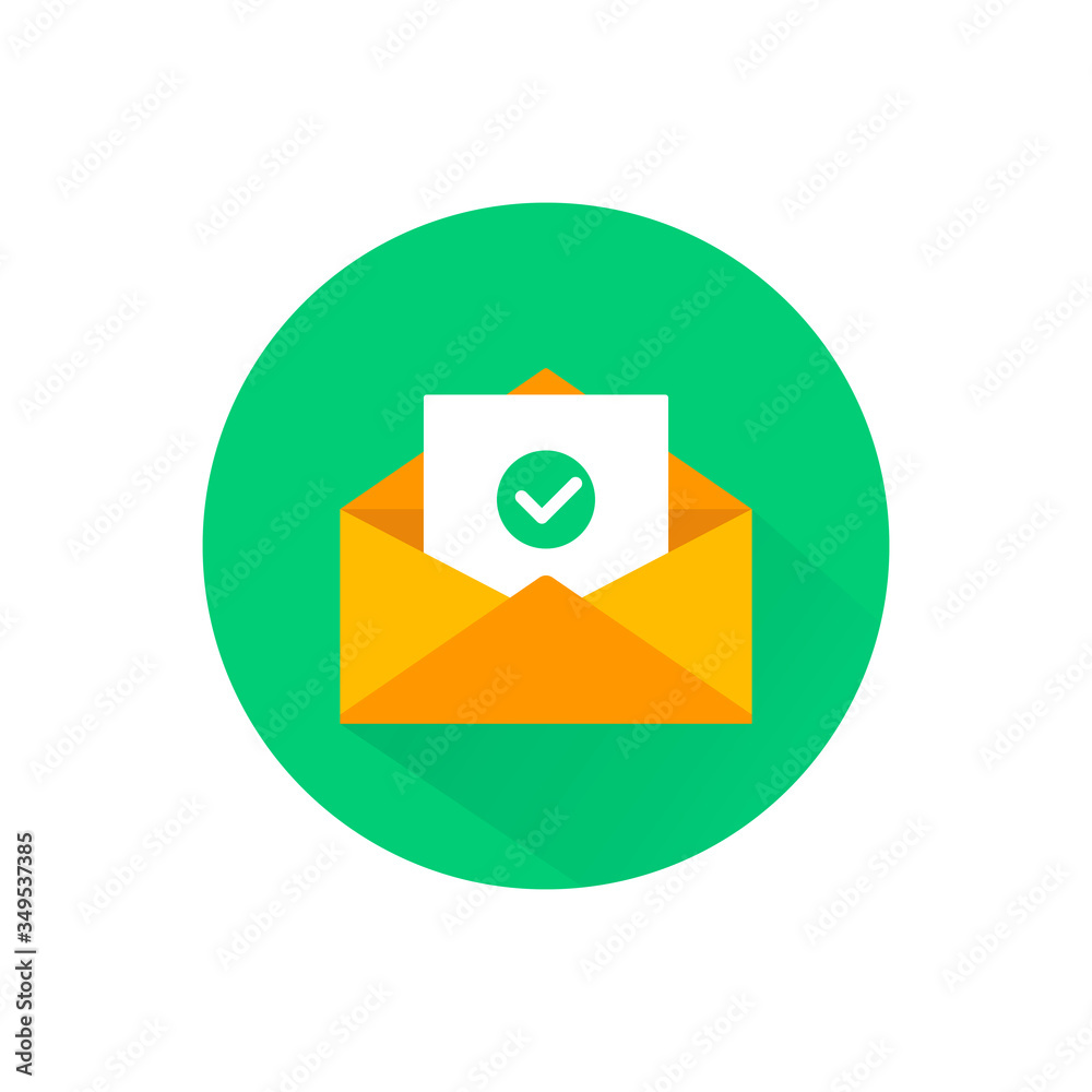 Open envelope containing check mark or email, email, chat, letter icon flat in on isolated background. EPS 10 vector