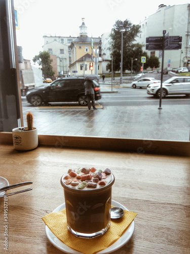 Having a nice marshmallow coffee in Moscow cafe in the city centre close by the Zaryadye park