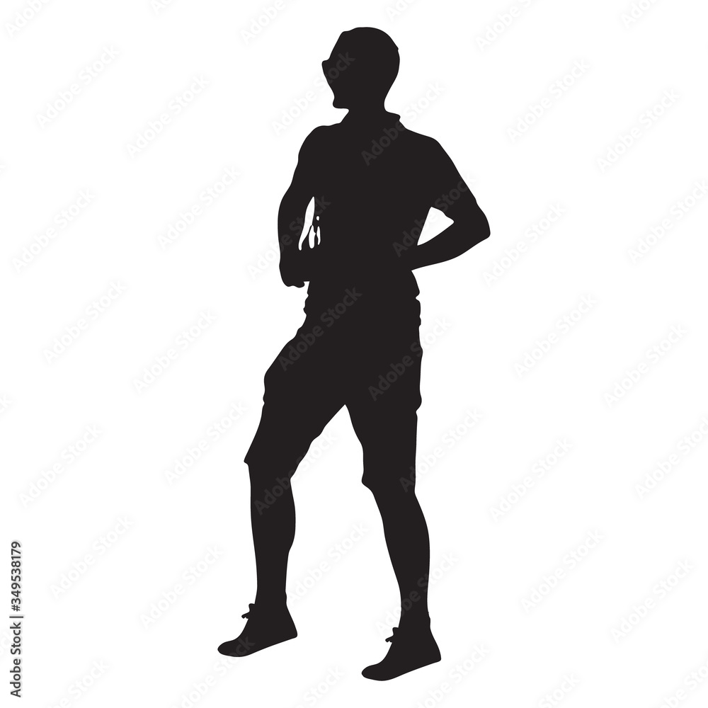 Vector illustration of man silhouette isolated on white background. Young male wearing backpack and sunglasses. Adult person in T-shirt  and shorts standing and looking straight ahead. Side view. 