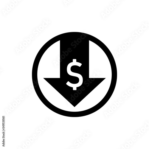 Down arrow, dollar depreciation icon. Money value down on isolated white background. EPS 10 vector.