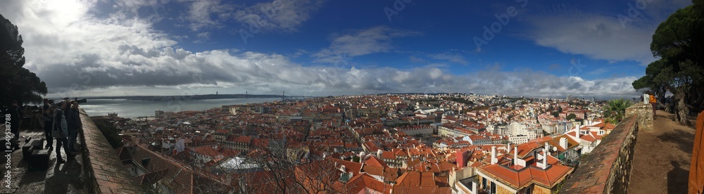 Panoramic view from Castelo de S. Jorge in Lisbon. Sunny day, clear blue sky with some clouds.
