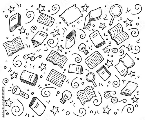 Hand drawn set of book doodle elements, e-book, lamp, education symbols. Cut isolated vector illustration for book store, reading club, learning, library banner concept design. Doodle sketch style.
