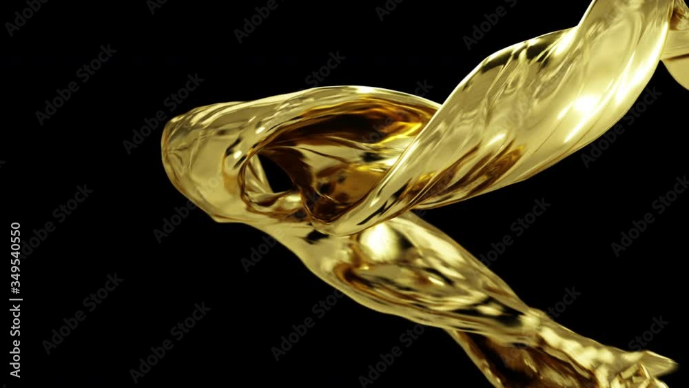 Abstract realistic 3D gold liquid flowing on black background with alpha matte chanel. Close up of golden liquid swirl. Cosmetic ads. Computer render of shiny pouring gold liquid.