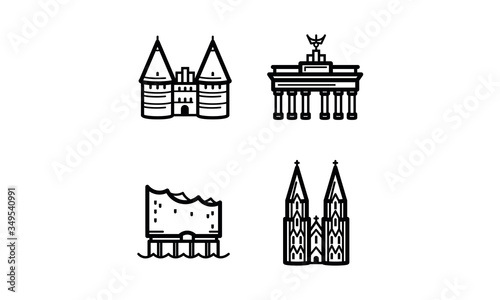 Simple set of german sightseeing line art icons for infographic or website use. Contains sightseeings such as the Holstentor gate, Brandenburg gate, Elphilharmonie and the Cologne cathedral. 