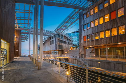 Oslo, Norway. Astrup Fearnley Museum of Modern Art, Residential Multi-storey Houses In Aker Brygge District In Summer Evening. Famous And Popular Place