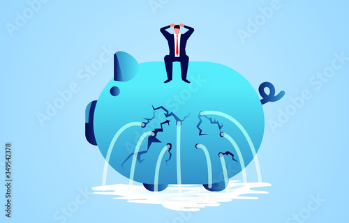 Leaking piggy bank with desperate businessman