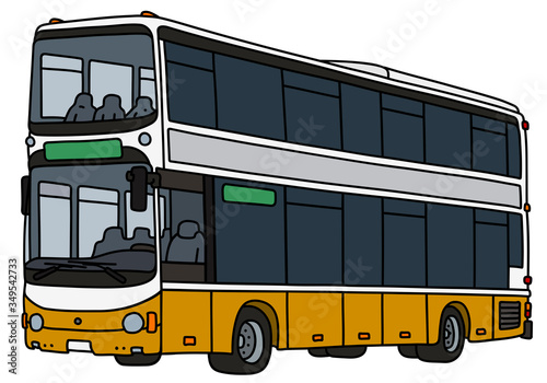 The vectorized hand drawing of a yellow and white double decker city bus