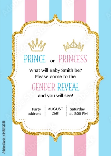 Prince or Princess? Gender reveal party invitation card vector design