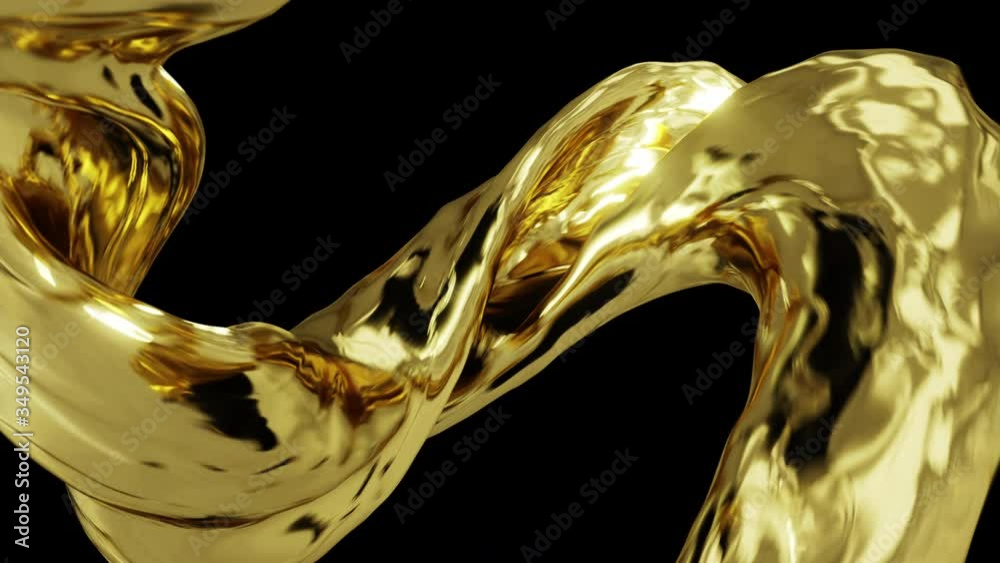Abstract realistic 3D gold liquid flowing on black background with alpha matte chanel. Close up of golden liquid swirl. Cosmetic ads. Computer render of shiny pouring gold liquid.