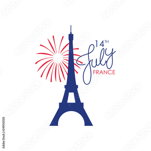 Happy bastille day concept, eiffel tower and lettering design, flat style
