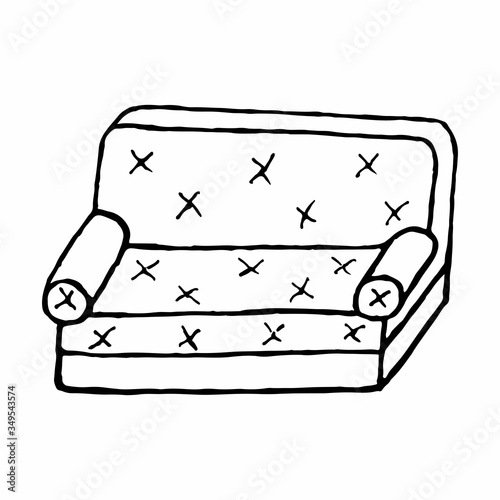 Modern sofa. Drawing in the Doodle style. Isolated on a white background. Vector illustration in lines. Comfortable and stylish daybed. For design, decoration, web, soft