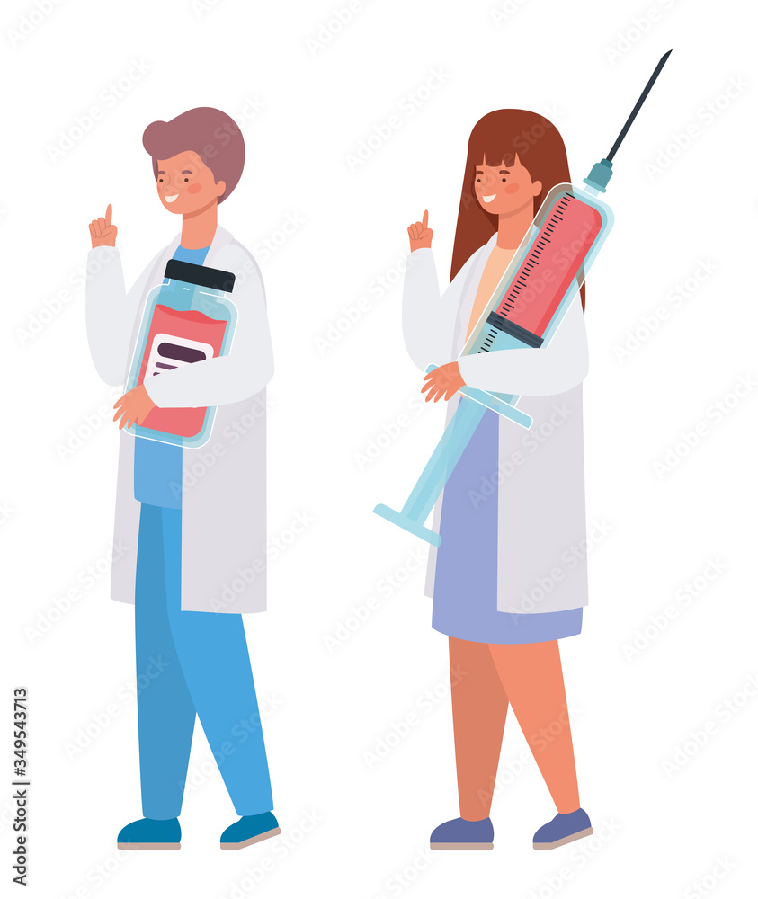 Woman and man doctor with uniform injection and medicine jar vector design Woman and man doctor with uniform injection and medicine jar vector design