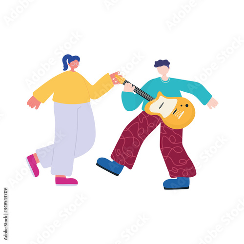 people activities, young man playing guitar musical instrument and woman dancing characters