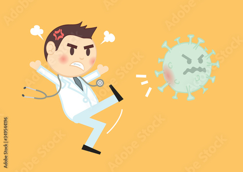 Angry cartoon doctor kicking the Coronavirus.