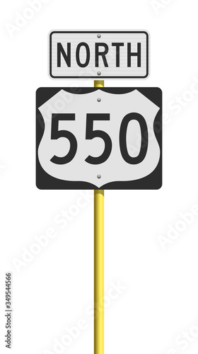 Vector illustration of the Route 550 (Million Dollar Highway, Colorado) and North road signs on metallic yellow pole
