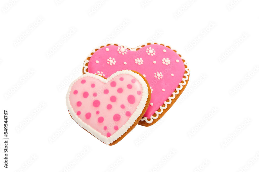 background from pink cookies heart shaped with different patterns, isolated background from pink cookies heart shaped with different patterns, isolated