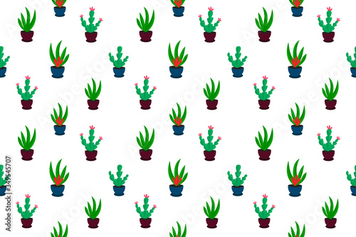 Repeating background of flowers in the pot. Pattern of home potted plants isolated on white background. Illustration of decorative texture.