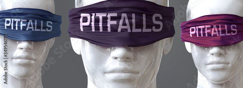 Pitfalls can blind our views and limit perspective - pictured as word Pitfalls on eyes to symbolize that Pitfalls can distort perception of the world, 3d illustration photo