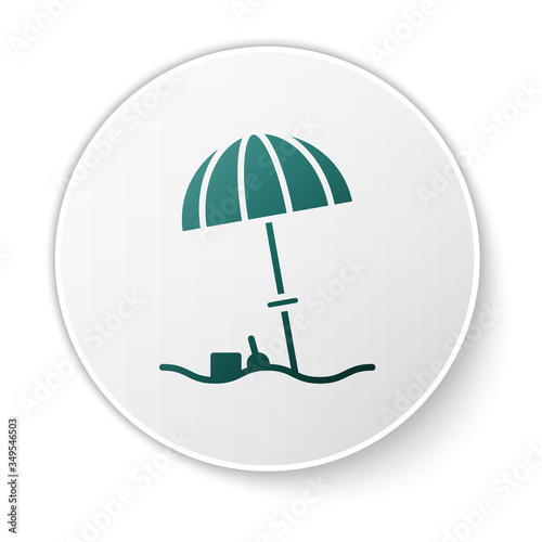 Green Sun protective umbrella for beach icon isolated on white background. Large parasol for outdoor space. Beach umbrella. White circle button. Vector