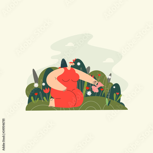 Vector flat illustration of a woman sitting on her lap in the garden and watering flower.