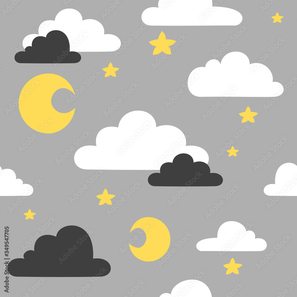 Obraz premium Seamless pattern of simple clouds and moons. Made in a flat, minimalistic doodle style.