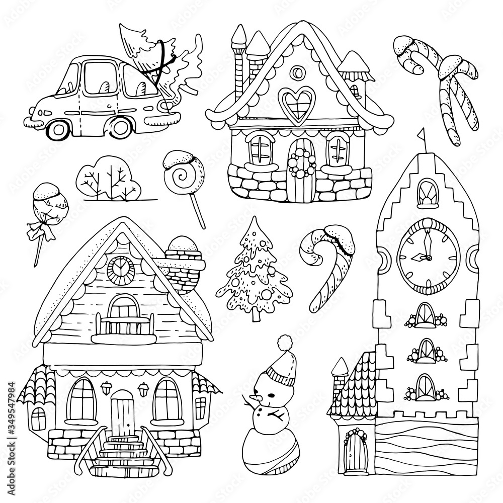 Set of winter fairytale houses with elements of New Year celebration symbols. Contour image. For stickers or coloring books Set of winter fairytale houses with elements of New Year celebration symbols. Contour image. For stickers or coloring books