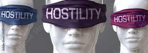 Hostility can blind our views and limit perspective - pictured as word Hostility on eyes to symbolize that Hostility can distort perception of the world, 3d illustration