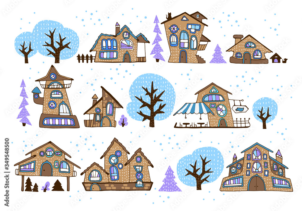 Set of winter fairytale houses with stylized various windows, trees, fir-trees and shrubs, cartoon-style street, made with bright colored fills with contour. For stickers or interior design