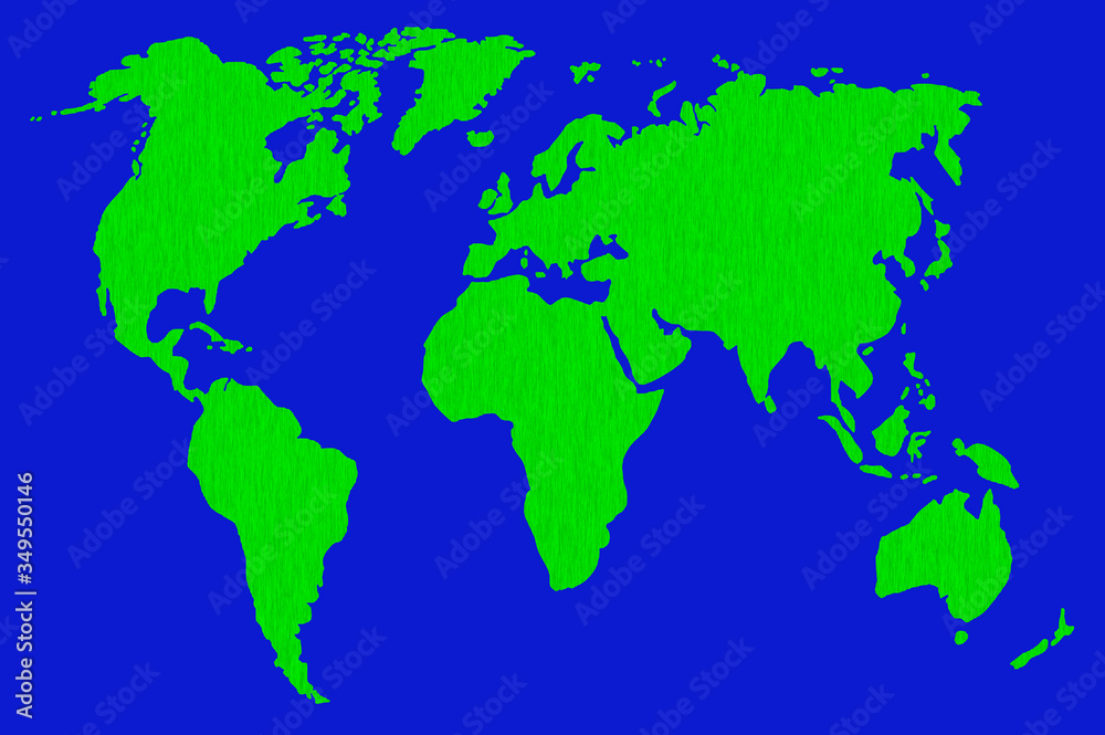 world map on blue background.  green world map silhouette