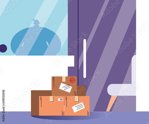 contactless delivery, boxes of purchases stand at the door