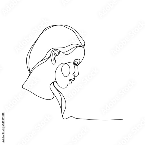 Trendy woman portrait in profile. Long hair, dreamy look, thoughtfulness. One line illustration. For the design of cosmetics, beauty salon, logos, printing on clothes.