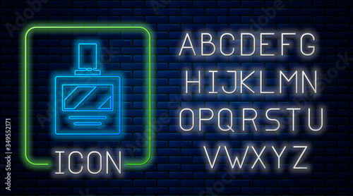 Glowing neon Aftershave icon isolated on brick wall background. Cologne spray icon. Male perfume bottle. Neon light alphabet. Vector