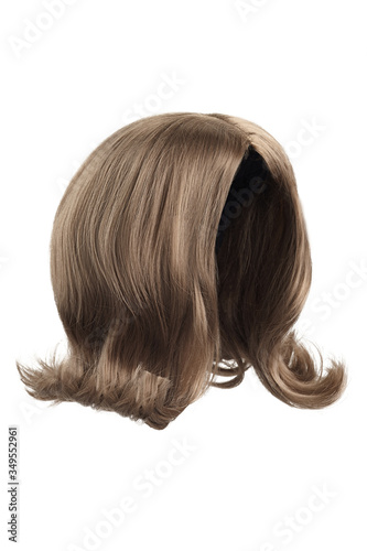 Subject shot of a natural looking ashy brown wig without bangs. The shoulder-long wig with twisted strands is isolated on the white background. 