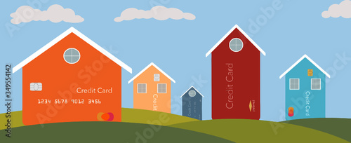 Here is an illustration  showing homes that have credit card facades. Home owners in credit card debt is the theme of this vector image.